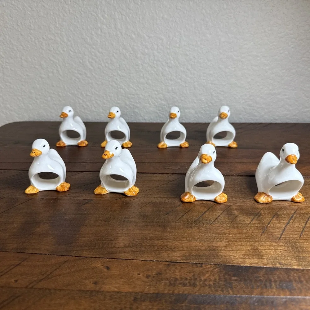 Pre Owned Vintage Set Of 8 Adorable White Ceramic Duck Napkin Holders